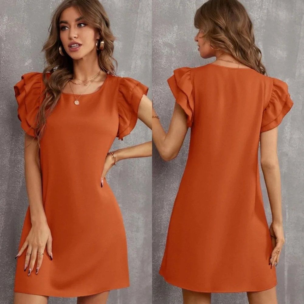 Ruffle frill layered short sleeve tunic dress business casual cocktail baby blue - Picture 10 of 11